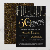 50 en Fabulous Black Gold Lights Glam Invitation Kaart (Voorkant / Achterkant)