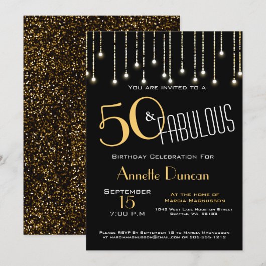 50 en Fabulous Black Gold Lights Glam Invitation Kaart (Voorkant / Achterkant)