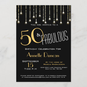 50 en Fabulous Black Gold Lights Glam Invitation Kaart