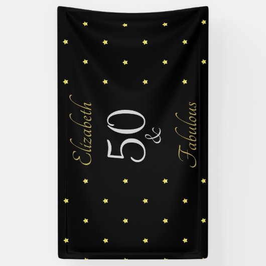 50 en Fabulous Black Gold Stars 50e verjaardag Spandoek (Verticaal)