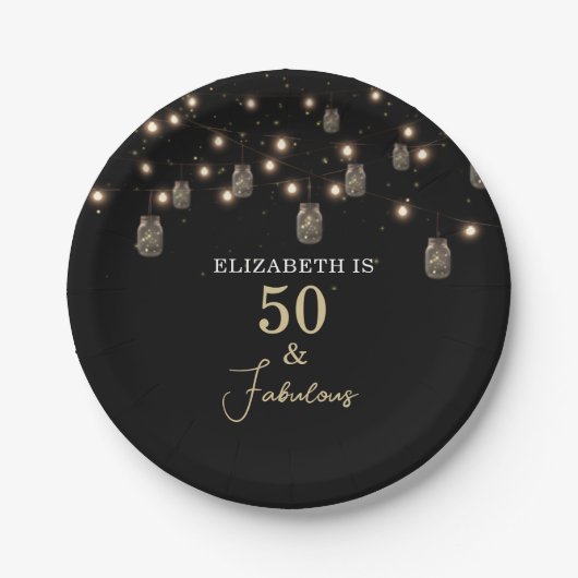 50 en Fabulous Black met String Lights Papieren Bordje (Voorkant)