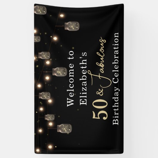 50 en Fabulous Black met String Lights Spandoek (Verticaal)