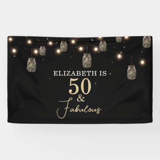 50 en Fabulous Black met String Lights Spandoek (Horizontaal)