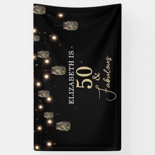 50 en Fabulous Black met String Lights Spandoek (Verticaal)