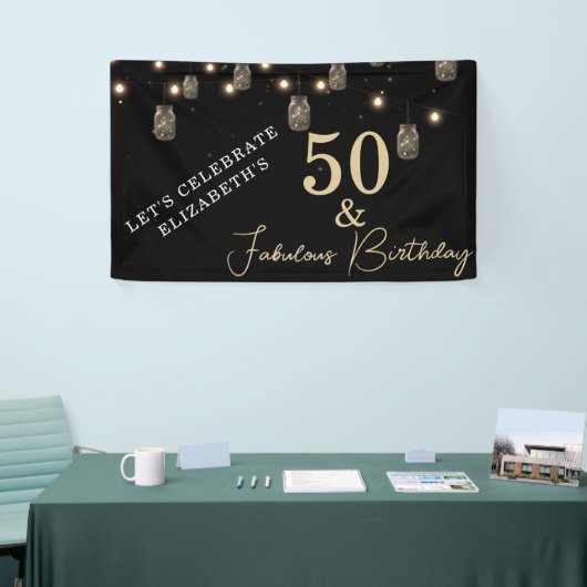 50 en Fabulous Black met String Lights Spandoek (Beurs)