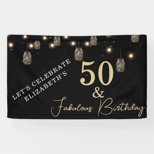 50 en Fabulous Black met String Lights Spandoek (Horizontaal)