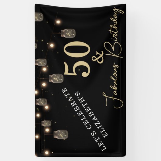 50 en Fabulous Black met String Lights Spandoek (Verticaal)