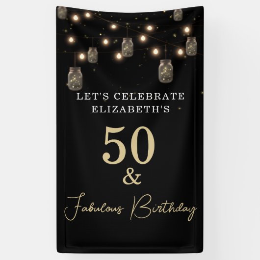 50 en Fabulous Black met String Lights Spandoek (Verticaal)