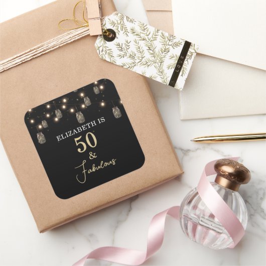 50 en Fabulous Black met String Lights Vierkante Sticker (Geschenken)