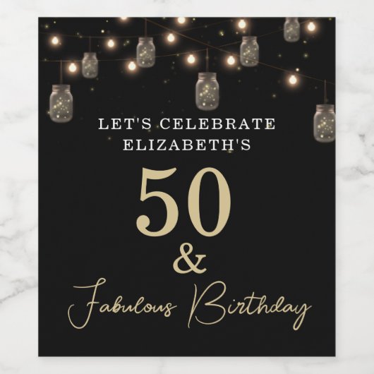 50 en Fabulous Black met String Lights Wijn Etiket (Enkel label)