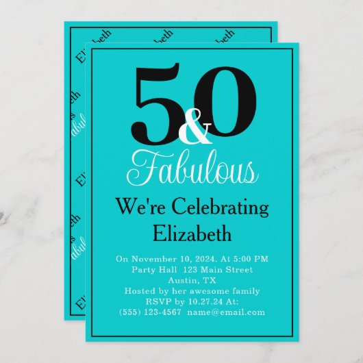 50 en Fabulous Black op Turquoise Blue Kaart (Voorkant / Achterkant)