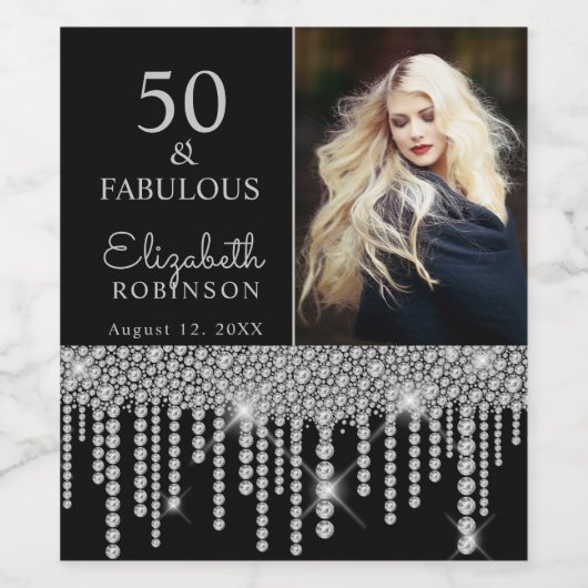 50 en Fabulous Black Silver Birthday Party Wijn Etiket (Enkel label)