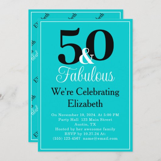 50 en Fabulous Black Turquoise Blue White Border Kaart (Voorkant / Achterkant)