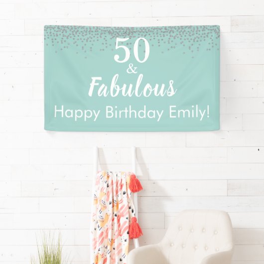 50 en Fabulous Blauwgroen Glitter 50th Birthday Ba Spandoek (Insitu)