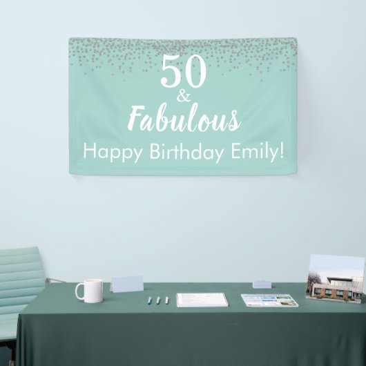 50 en Fabulous Blauwgroen Glitter 50th Birthday Ba Spandoek (Beurs)