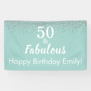 50 en Fabulous Blauwgroen Glitter 50th Birthday Ba Spandoek