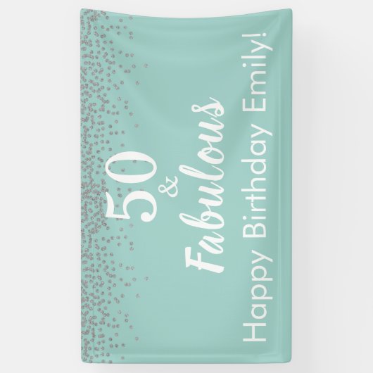 50 en Fabulous Blauwgroen Glitter 50th Birthday Ba Spandoek (Verticaal)