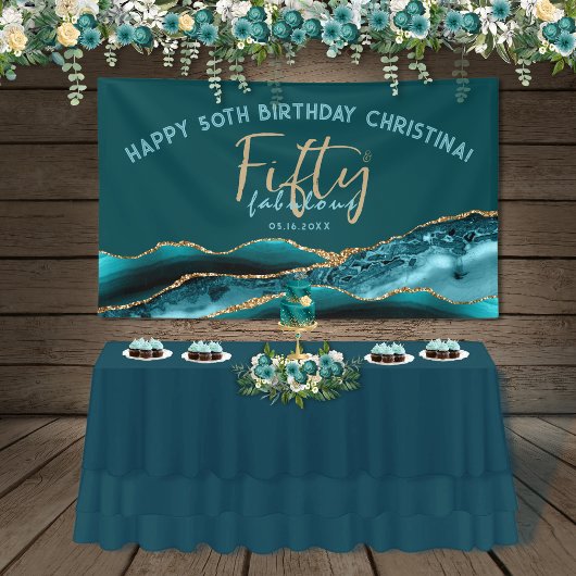 50 en Fabulous Blauwgroen Gold Agate 50th Birthday Spandoek