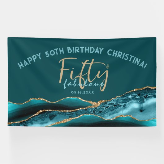 50 en Fabulous Blauwgroen Gold Agate 50th Birthday Spandoek (Horizontaal)