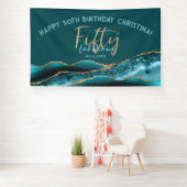 50 en Fabulous Blauwgroen Gold Agate 50th Birthday Spandoek (Insitu)