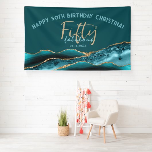 50 en Fabulous Blauwgroen Gold Agate 50th Birthday Spandoek (Insitu)