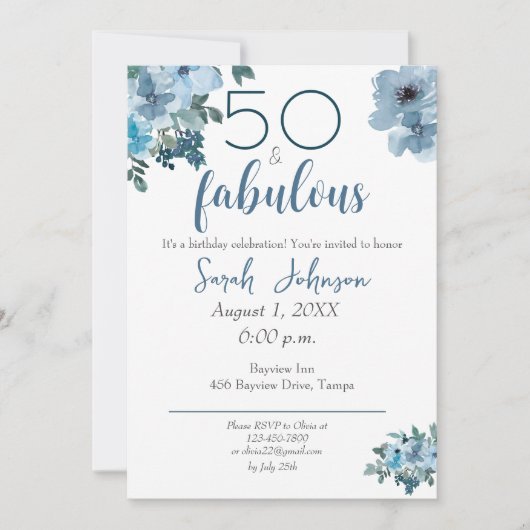 50 en Fabulous Blue Floral Elegant Waterverf Kaart (Voorkant)