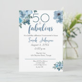 50 en Fabulous Blue Floral Elegant Waterverf Kaart (Staand voorkant)