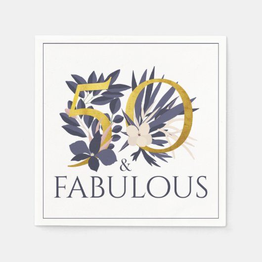 50 en Fabulous Blue Gold Luxury Floral Birthday Servet (Voorkant)