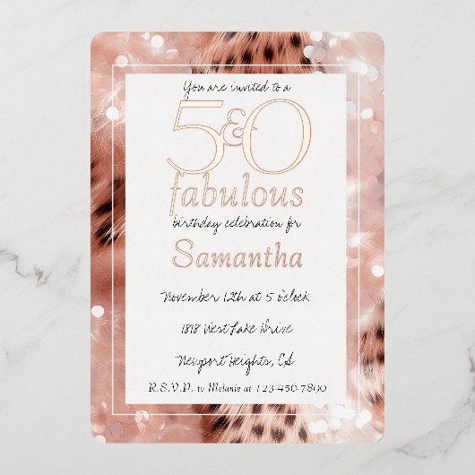 50 en Fabulous Blush Rose Goud Luipaard Verjaardag Folie Uitnodiging (Voorkant)