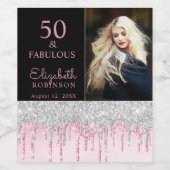 50 en Fabulous Blush Silver Drips Birthday Party Wijn Etiket (Enkel label)