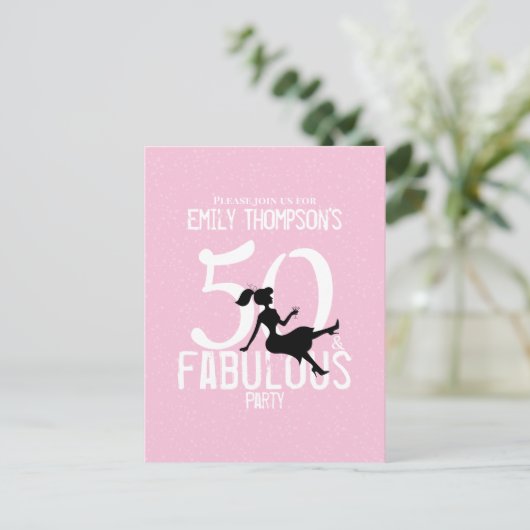 50 en Fabulous Chic Roze Partij Meisje Silhouet Briefkaart (Staand voorkant)
