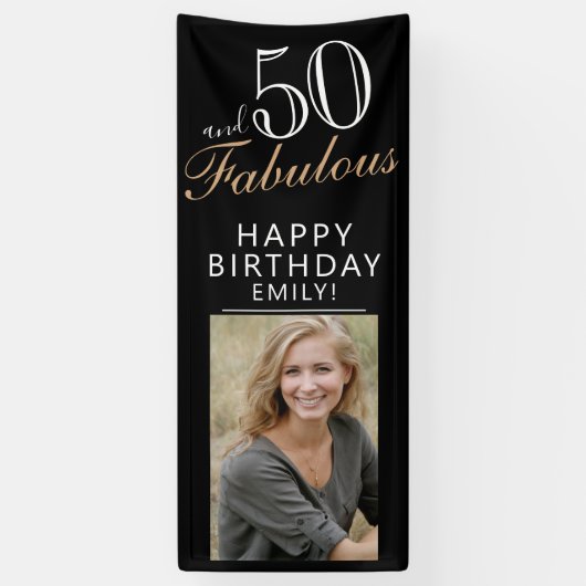 50 en Fabulous Chic Script Black Photo Party Spandoek (Verticaal)