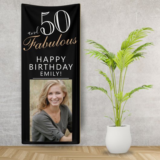 50 en Fabulous Chic Script Black Photo Party Spandoek