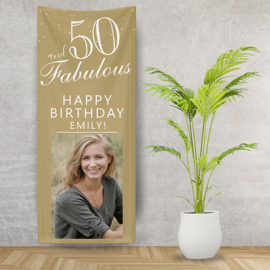 50 en Fabulous Chic Script Golden Photo Party Spandoek