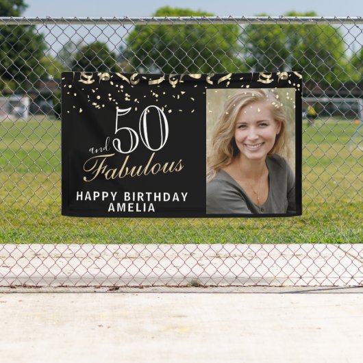 50 en Fabulous Confetti Black 50th Birthday Foto Spandoek (Insitu)