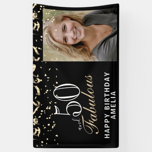 50 en Fabulous Confetti Black 50th Birthday Foto Spandoek (Verticaal)