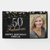 50 en Fabulous Confetti Black 50th Birthday Foto Spandoek (Horizontaal)