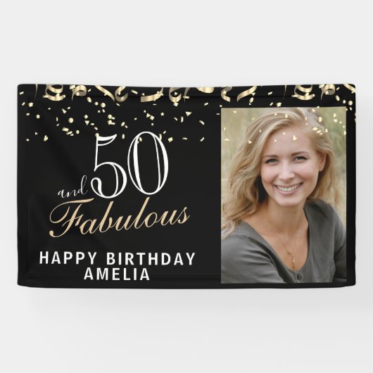 50 en Fabulous Confetti Black 50th Birthday Foto Spandoek (Horizontaal)
