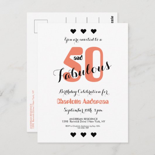 50 en Fabulous Coral 50th Verjaardag Uitnodiging (Voorkant / Achterkant)