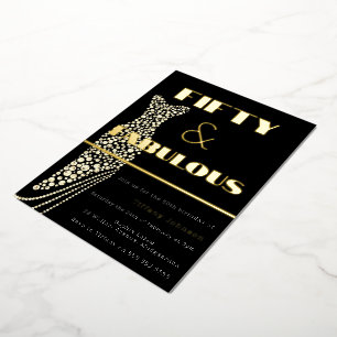 50 en Fabulous  Dress Gold 50e verjaardag Folie Uitnodiging