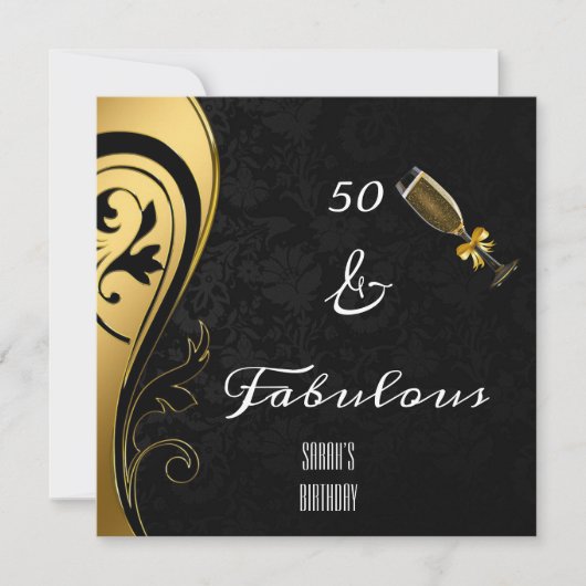 50 en Fabulous Elegant Black & Gold Birthday Kaart (Voorkant)