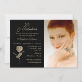 50 en Fabulous, Elegant Black Gold Floral Photo Kaart (Voorkant)
