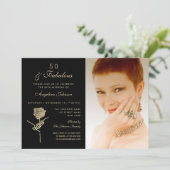 50 en Fabulous, Elegant Black Gold Floral Photo Kaart (Staand voorkant)