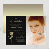 50 en Fabulous, Elegant Black Gold Floral Photo Kaart (Voorkant / Achterkant)