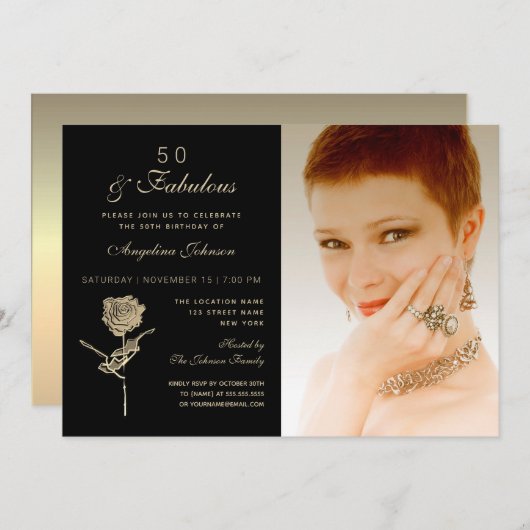 50 en Fabulous, Elegant Black Gold Floral Photo Kaart (Voorkant / Achterkant)