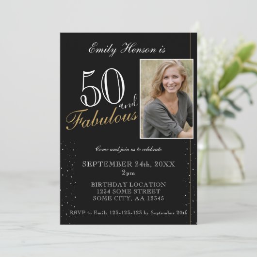 50 en Fabulous Elegant Black Photo Birthday Kaart (Staand voorkant)