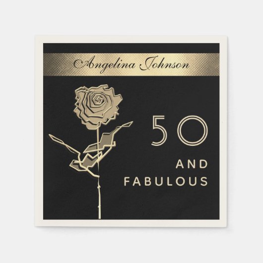 50 en Fabulous Elegant Glam Zwart en Gouden Bloem Servet (Voorkant)