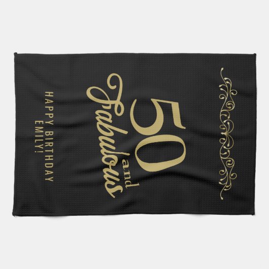 50 en Fabulous Elegant Ornament 50th Birthday Theedoek (Horizontaal)