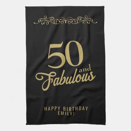 50 en Fabulous Elegant Ornament 50th Birthday Theedoek (Verticaal)
