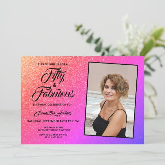 50 en Fabulous Elegant Pink Glitter Foto Kaart (Staand voorkant)
